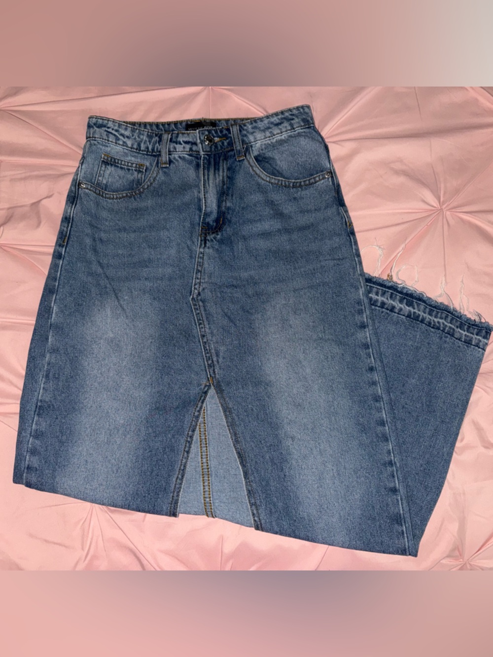 White Fox Boutique Blue Denim Maxi Skirt with Front Slit